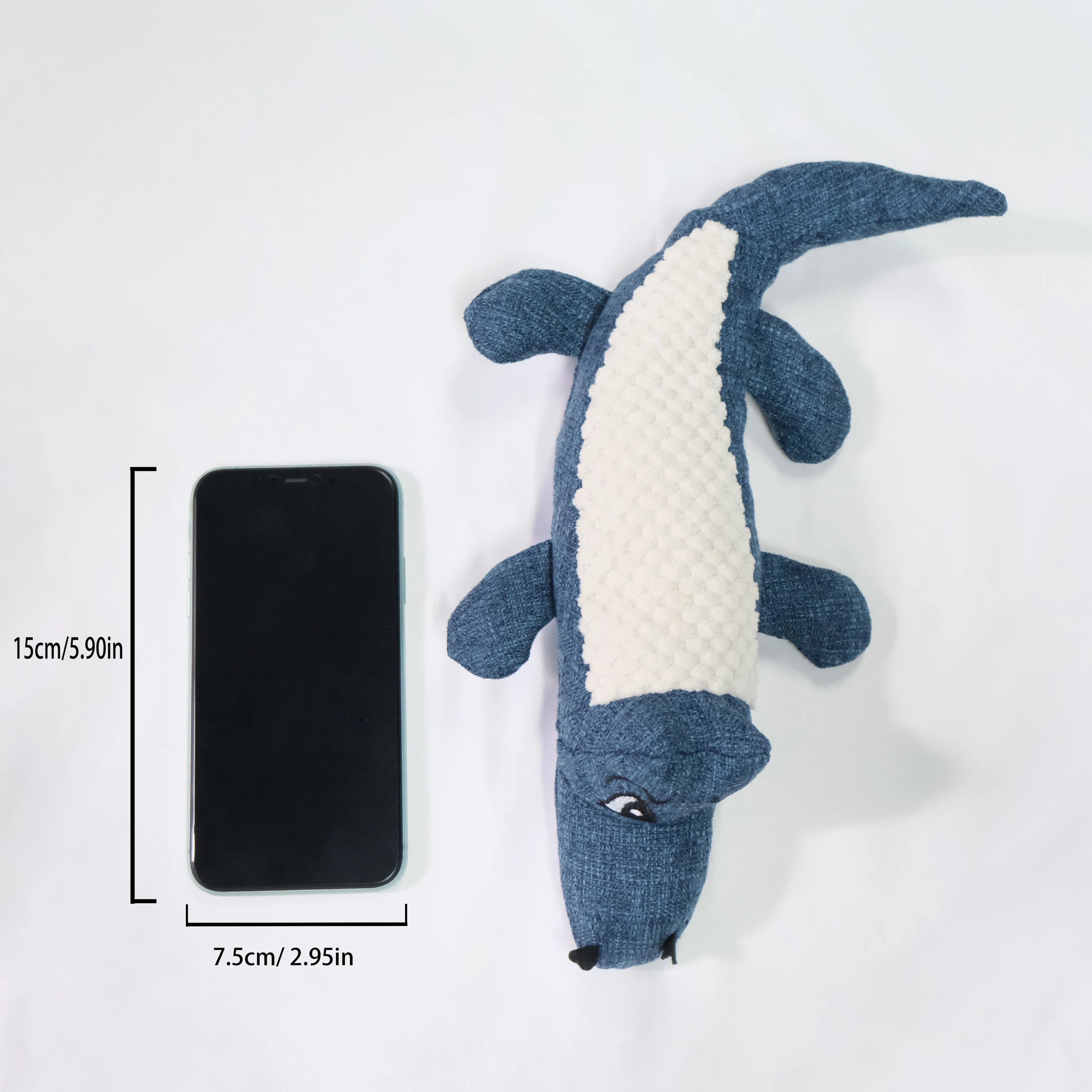 Blue, green and red squeaky plush chew toy for cats and dogs to bite and shake.