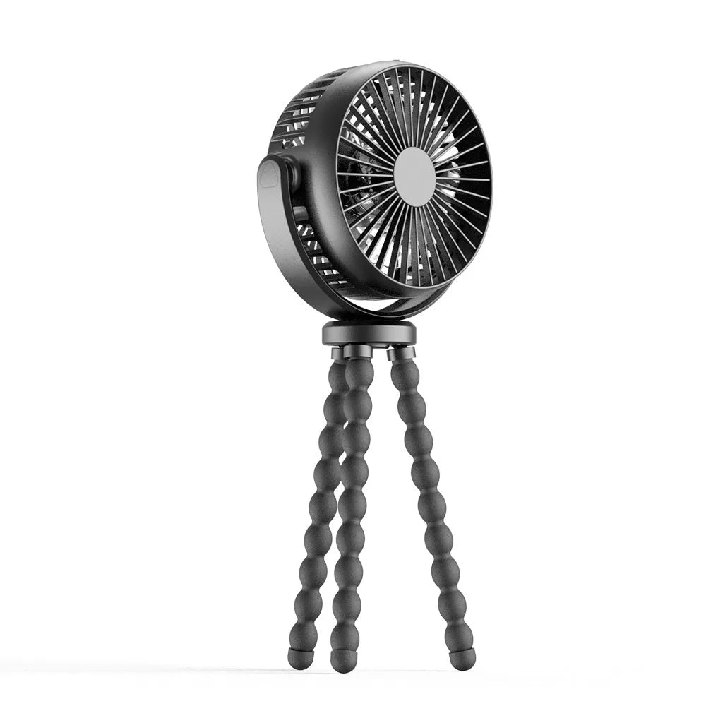 HOMEFISH F2 portable fan with automatic head shaking, LED light, and removable bracket on a white background.