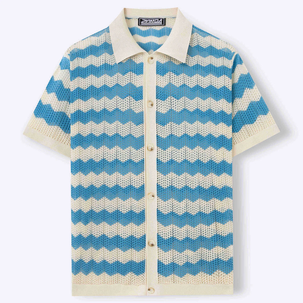 Short sleeve blue hollow jacquard corrugated sweater with flocking detail on a hanger.