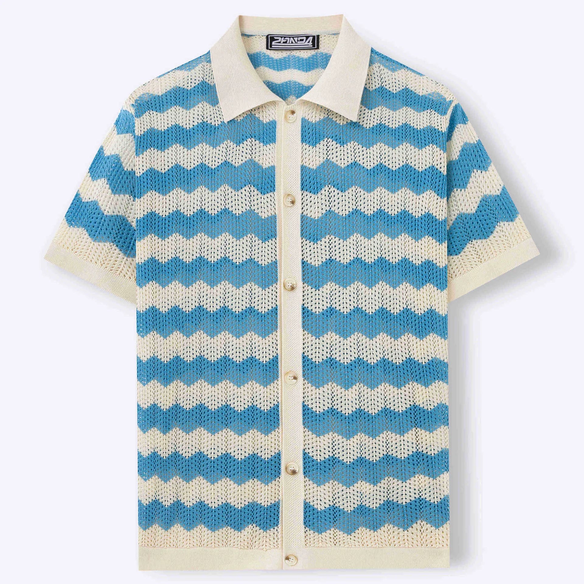 Short sleeve blue hollow jacquard corrugated sweater with flocking detail on a hanger.
