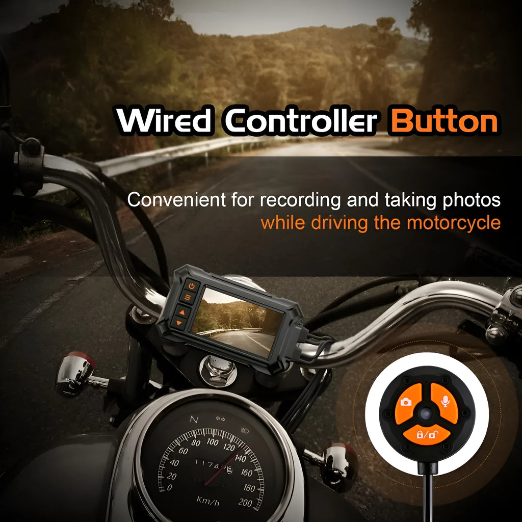 3 inch motorcycle dashcam with dual lenses, GPS module, and installation cables on a motorcycle handlebar.