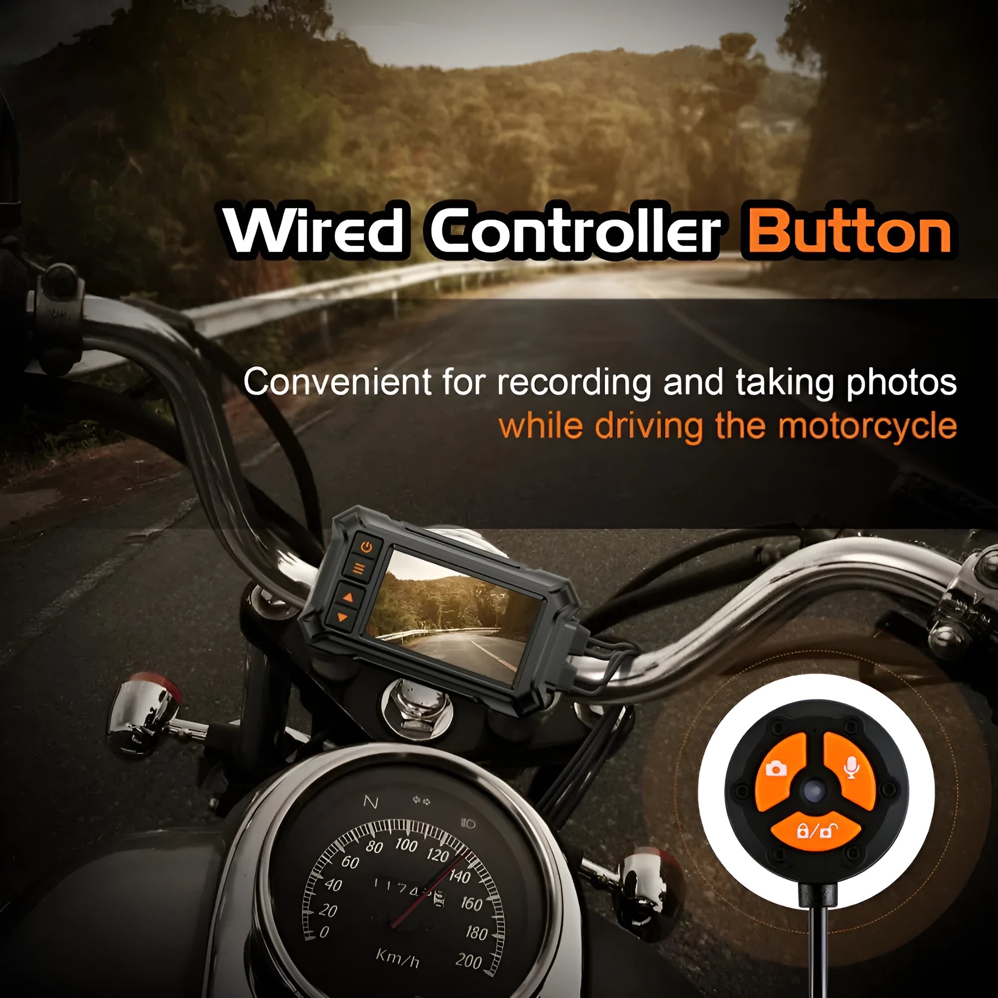 3 inch motorcycle dashcam with dual lenses, GPS module, and installation cables on a motorcycle handlebar.