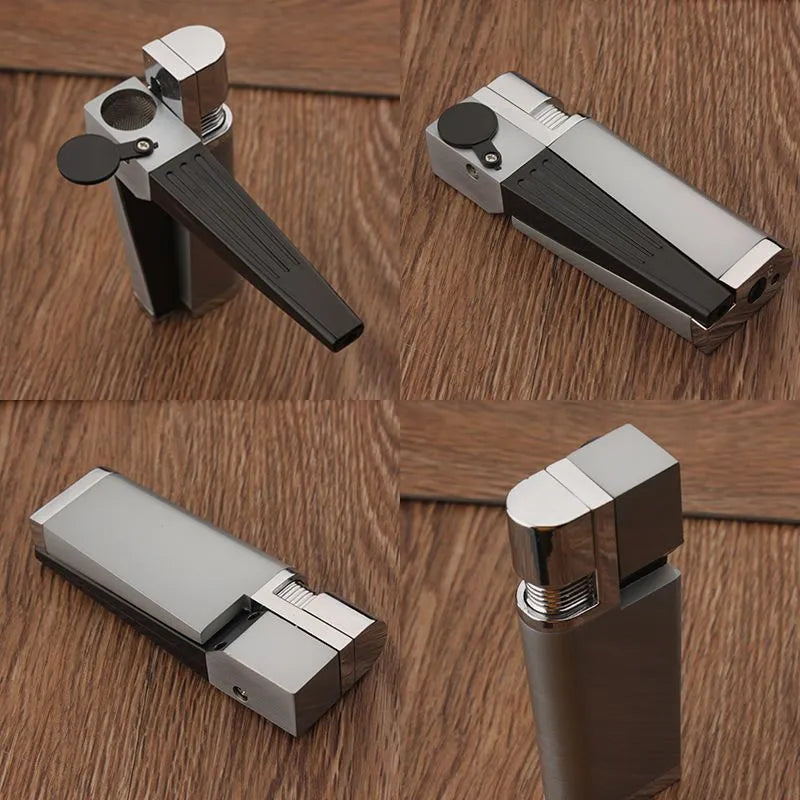 Folding metal pipe lighter showing open position with stash compartment visible