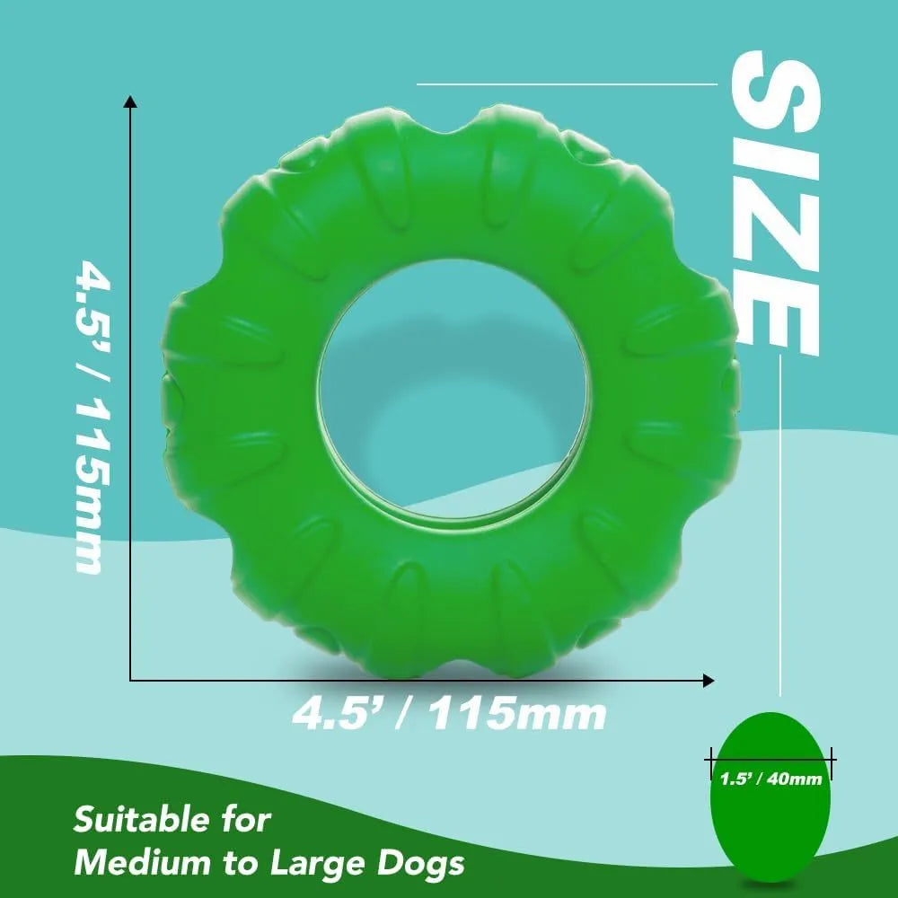 Blue natural rubber dog tyre chew toy with oval openings, shown as a slow feeder and interactive puzzle toy.
