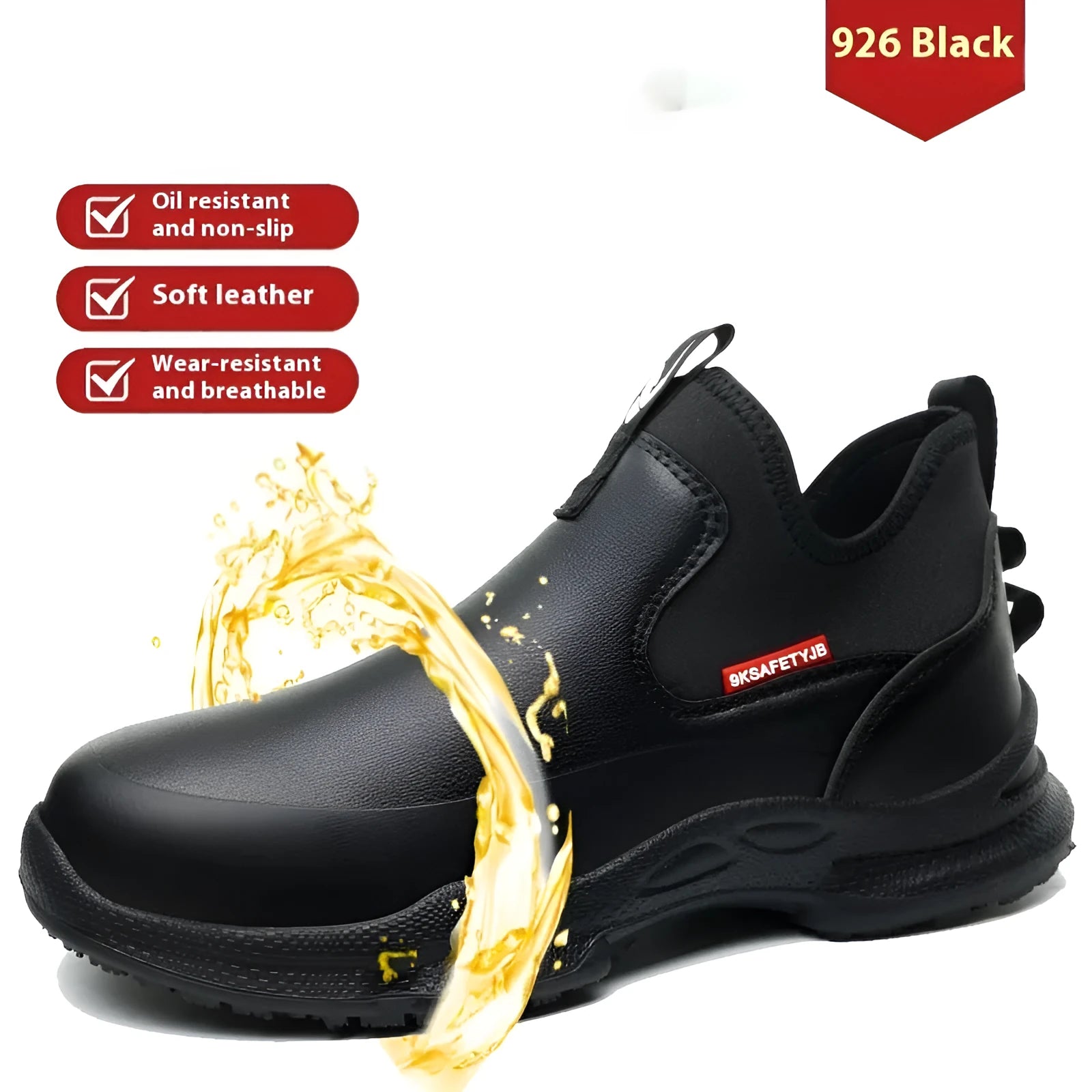 Black men's waterproof work shoes with high cut microfiber leather upper and anti slip rubber soles