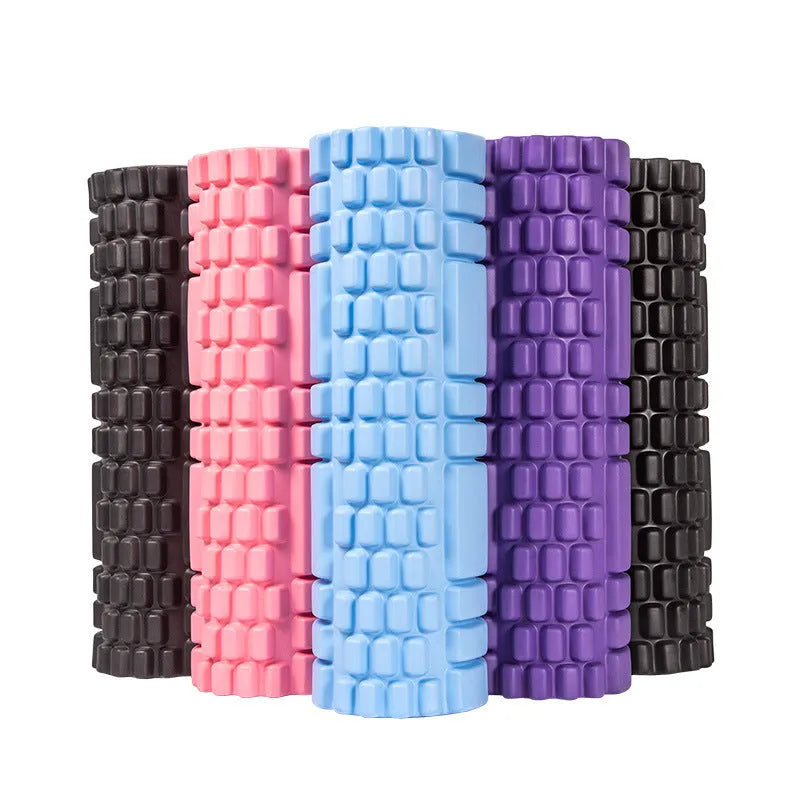 Black cylindrical EVA foam roller for fitness muscle recovery on a plain background.