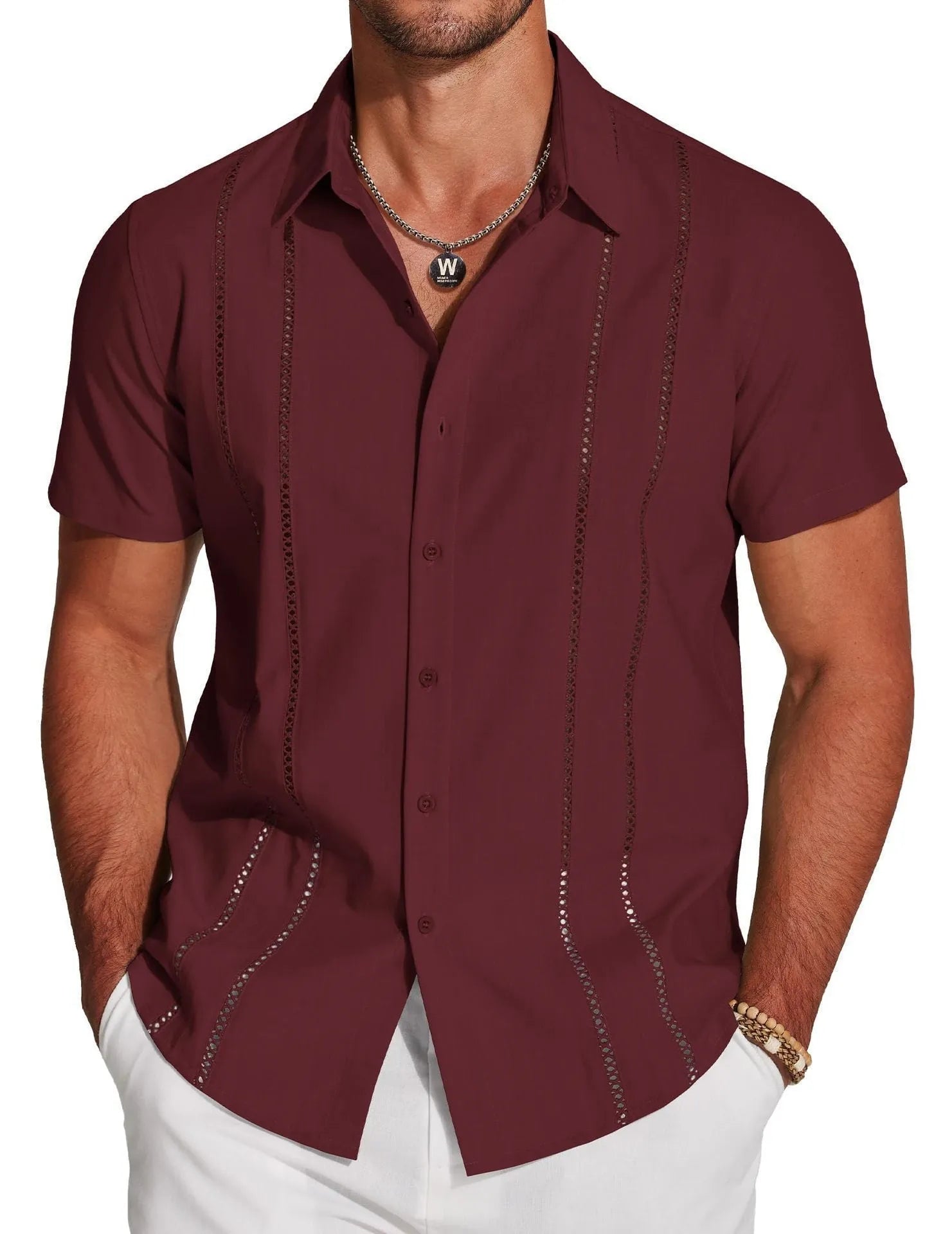 Men's slim fit short sleeve Hawaiian shirt with digital print pattern in stretch polyester fabric.