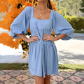 Orange red children's backless dress with square collar and puff sleeves, A-line skirt