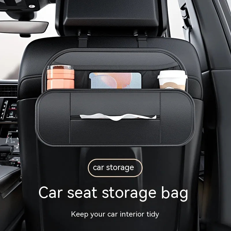 Black leather car seat back storage bag showing box design and dimensions.