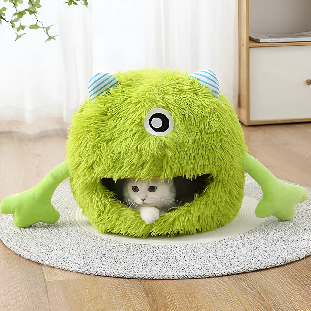 Fluffy round cat bed with plush cushion in three size options for indoor cats