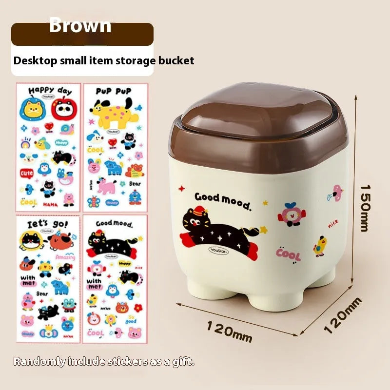 Cartoon design plastic desktop organiser with storage box, pen container, tissue box and coin bank accessories in red and brown colours