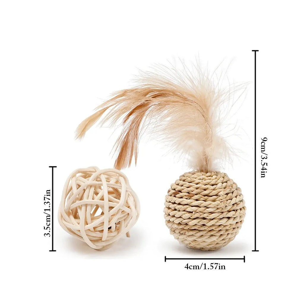 Two cat toys: rattan ball and faux feather bell ball with measurements 3.5cm and 4x9cm