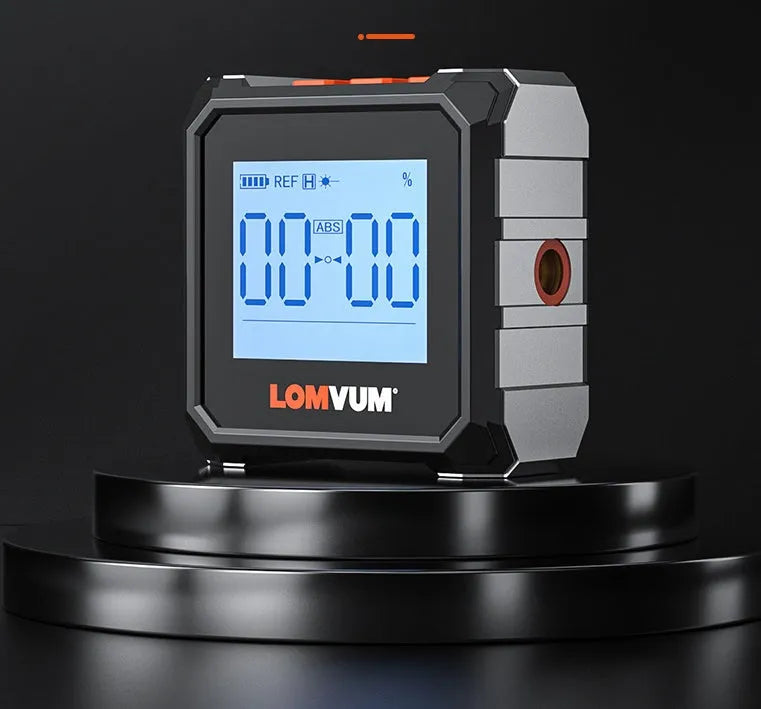 Digital laser infrared tape measure inclinometer with alloy casing and backlit display on a metal surface.