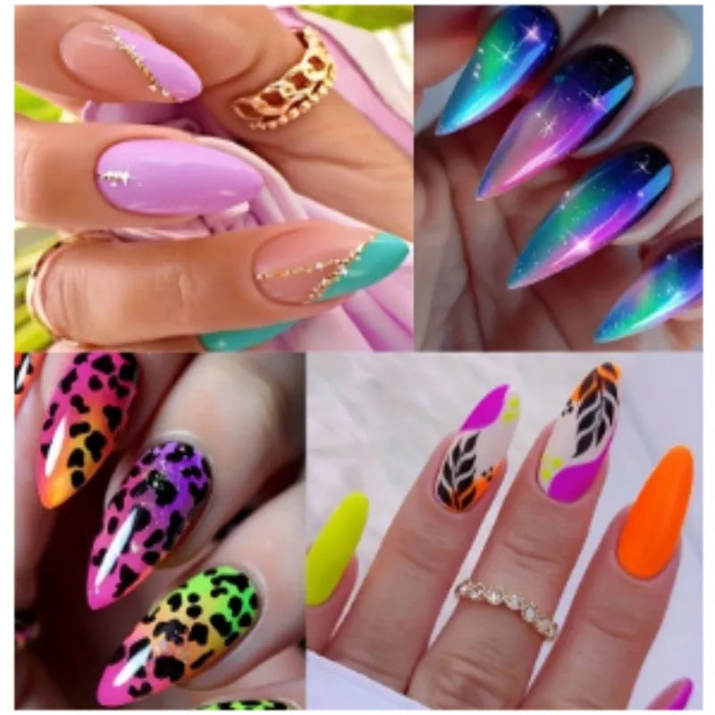Almond-shaped nail stickers with tulip patterns in French leaves, macaron, leopard print, and plating designs