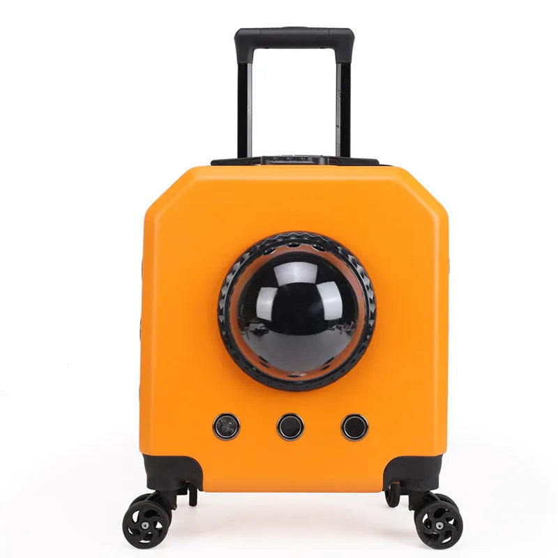 Hard PVC pet flight case in a choice of pink, burgundy, white, or orange colours, showing luggage compartment.