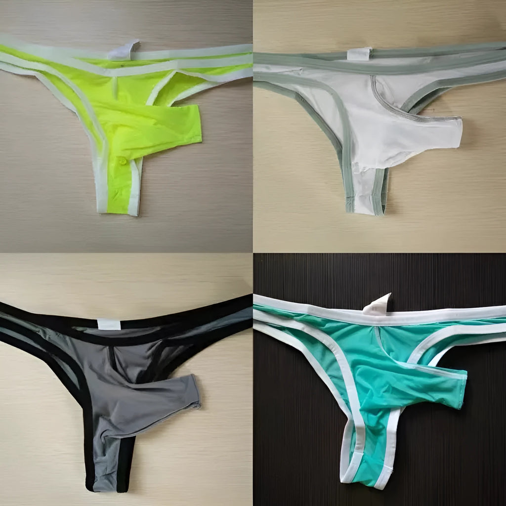 Men's ice silk elephant nose design briefs in multiple colours on a white background.