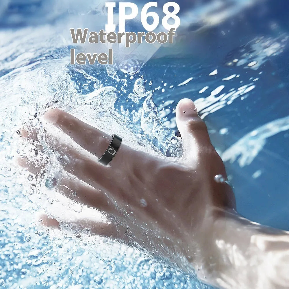 Black ceramic smart ring with health monitoring sensors on finger