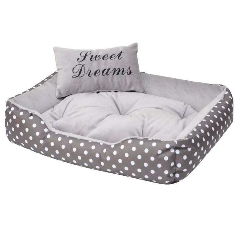Square polka dot print dog bed with raised sides and a matching embroidery pillow for small dogs.