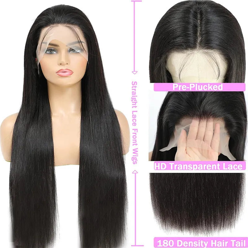 Straight black human hair wig with a 13x6 lace front, shown at a medium length.