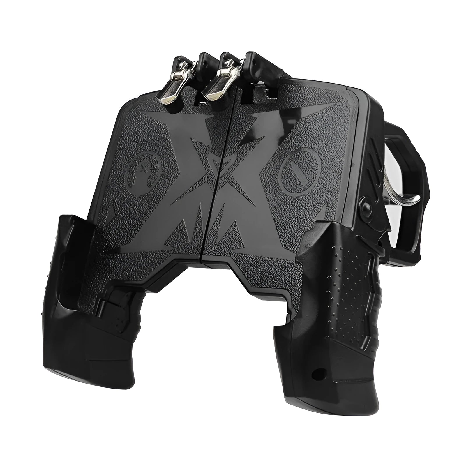 Black mobile phone gaming controller with physical buttons and plug-in connection cable