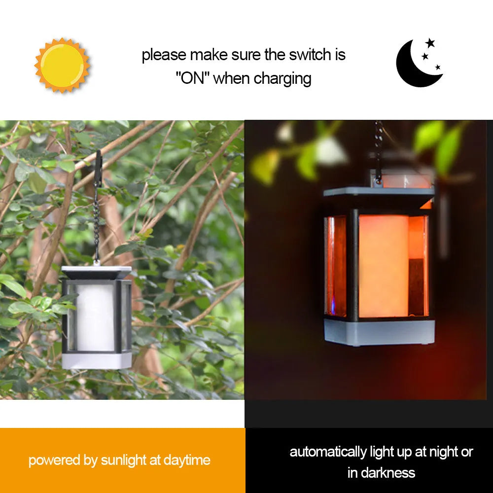 Antique flame style solar garden lamp with LED lights in outdoor setting