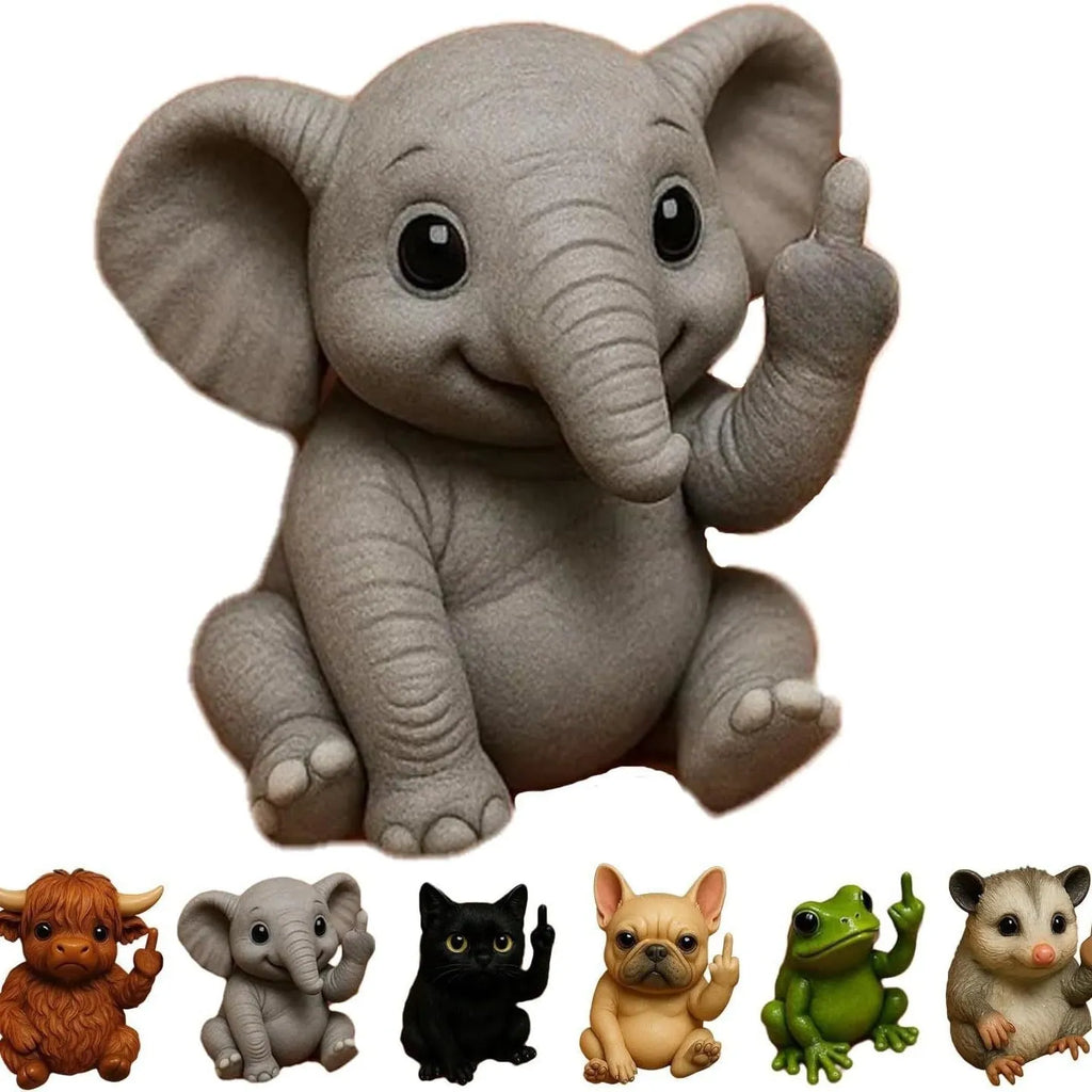 Mini resin animal doll holding up a middle finger, available in cat, dog, elephant, frog, cow, mouse, and turtle styles.
