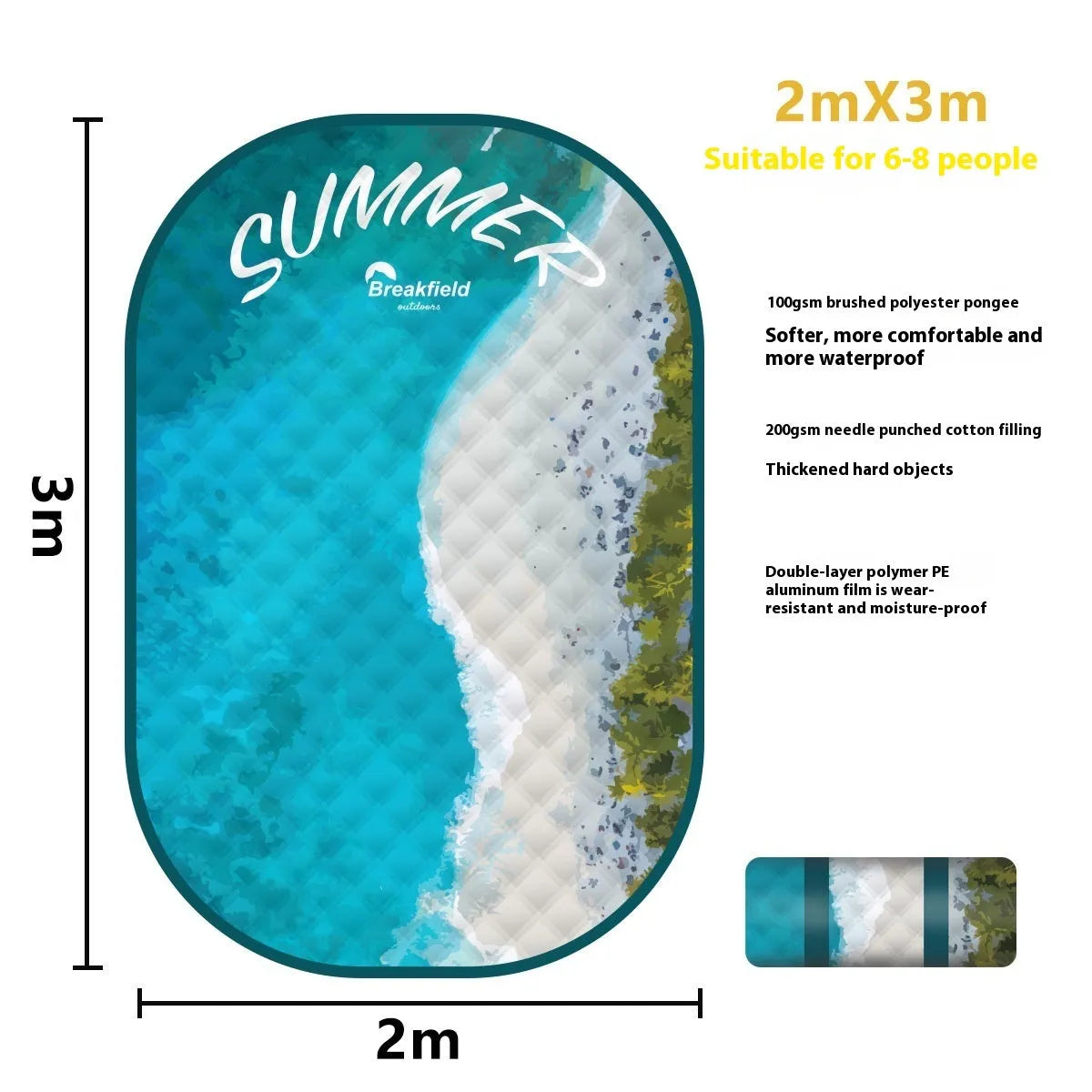 Large waterproof picnic mat in a seasonal colour on grass, showing its size for a group.