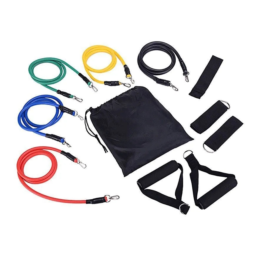 Multi-functional door sports 11-piece set with pulling rope packed in an ABS container.