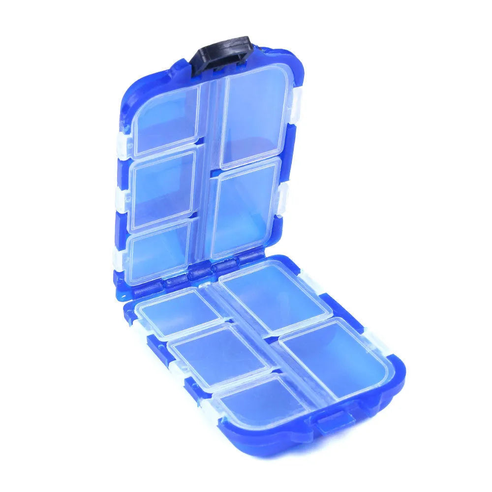 Small plastic fishing tackle storage box with 10 internal compartments in black, blue, or green.