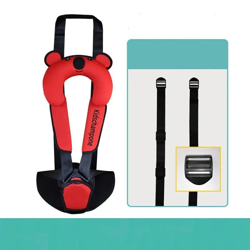 Portable child car seat belt retainer in red polyester fabric, showing seat dimensions.