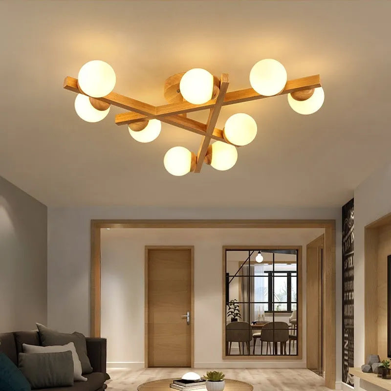 Wooden style ceiling light fixture with modern Nordic design and three light heads