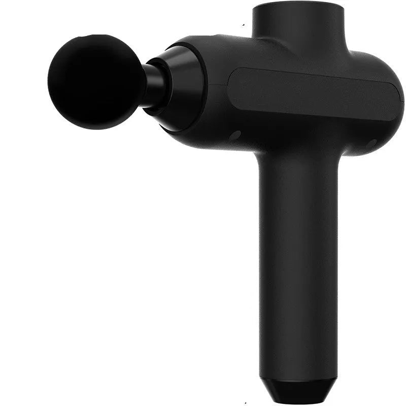 Black rechargeable electric muscle massager with six circular heads showing size and button control.