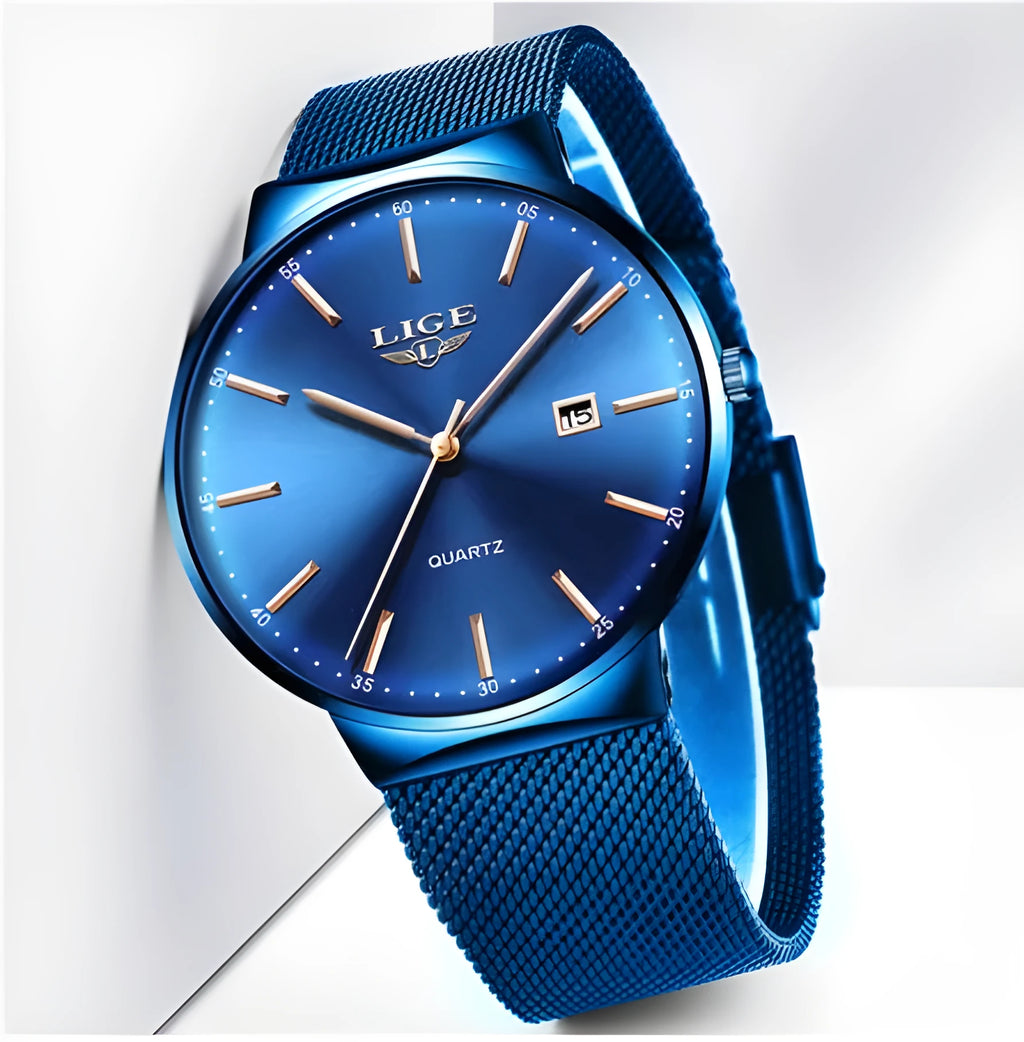 Men's stainless steel wristwatch with 40mm dial, shown in black, blue, and black blue colour options