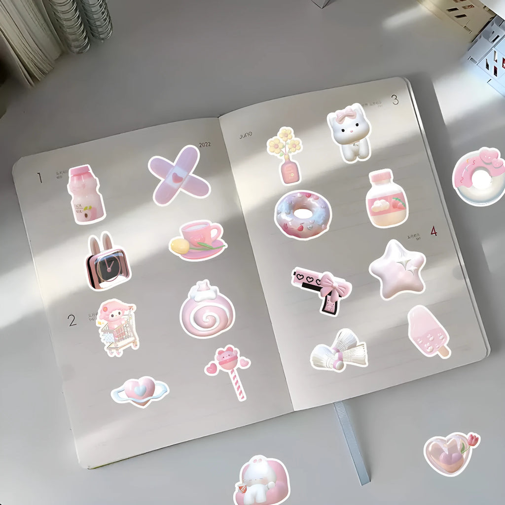 Pink girl heart realistic 3D decorative stickers in a cute style, 63 pieces per pack.