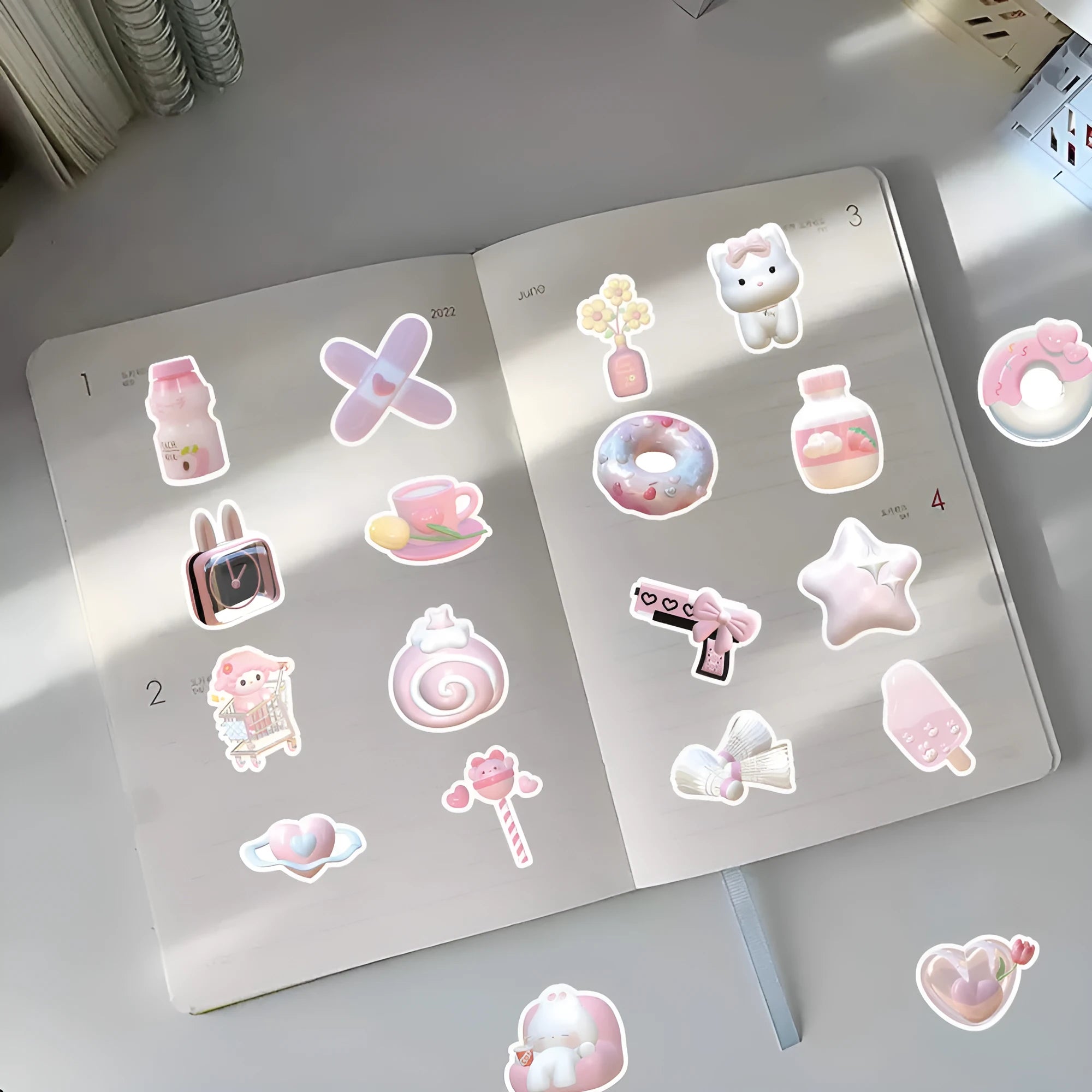 Pink girl heart realistic 3D decorative stickers in a cute style, 63 pieces per pack.