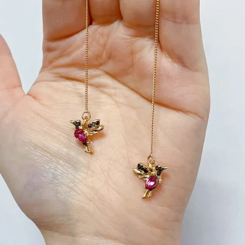 Bird hanging earrings with zirconium wings in blue, red, or red lvzuan colours