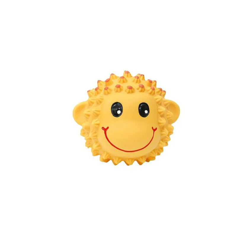 Orange and yellow latex dog toys with spiky texture and animal designs for small medium breeds