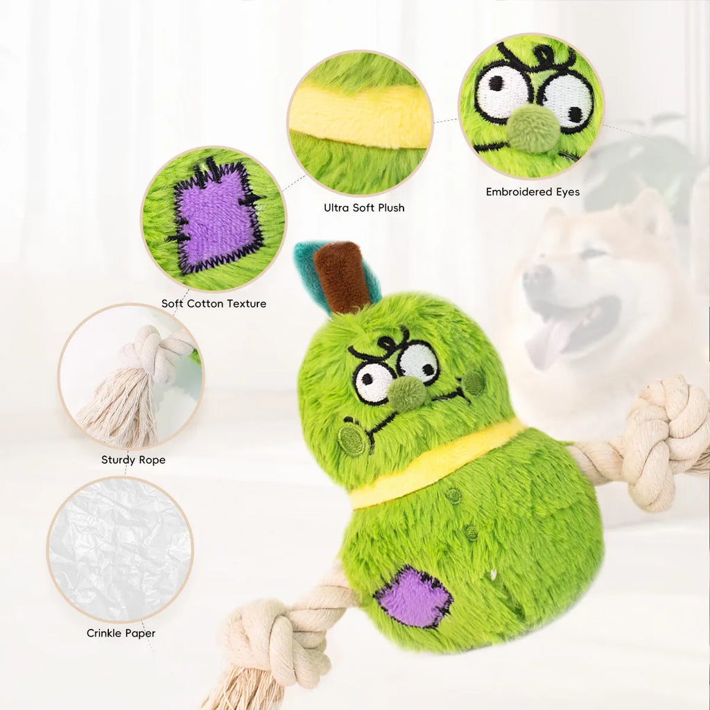 Green and purple plush rope knot dog toy with tug of war design for interactive play and dental care