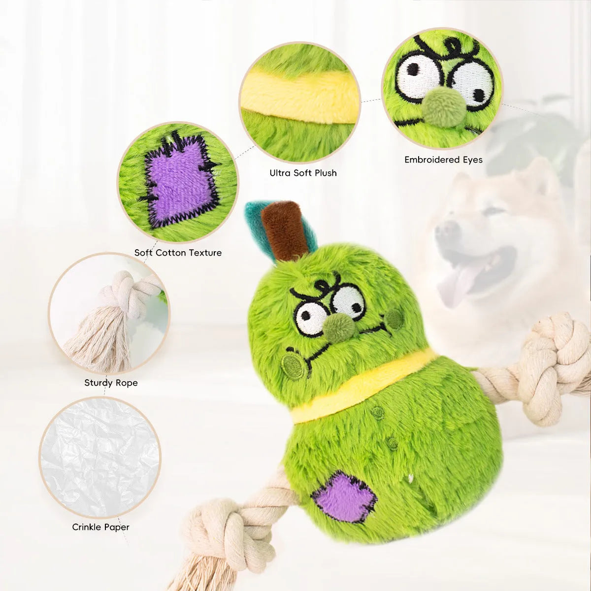 Green and purple plush rope knot dog toy with tug of war design for interactive play and dental care