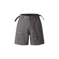 Retro washed cotton workwear shorts in loose fit with elastic waistband, shown in grey colour