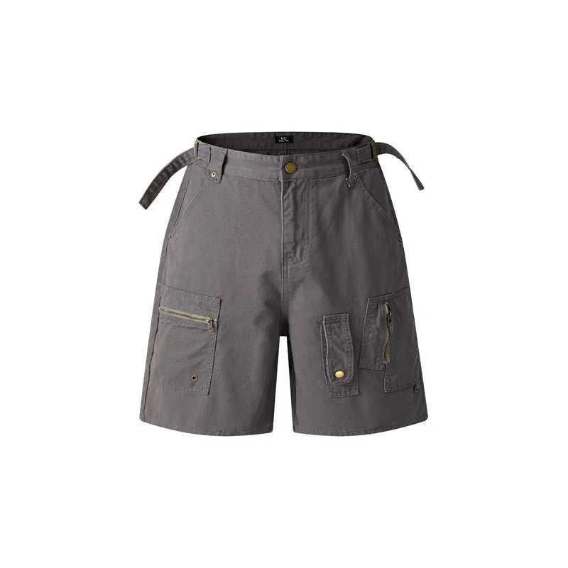 Retro washed cotton workwear shorts in loose fit with elastic waistband, shown in grey colour