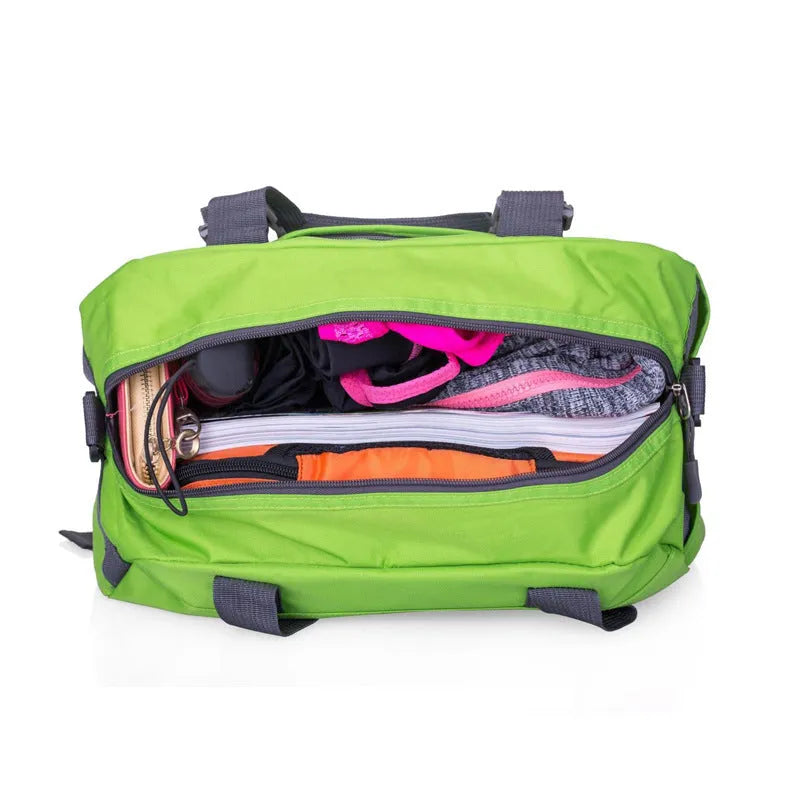 Nylon gym and yoga sports holdall in medium or large size, shown in various colours including black, blue, green, pink, and purple.