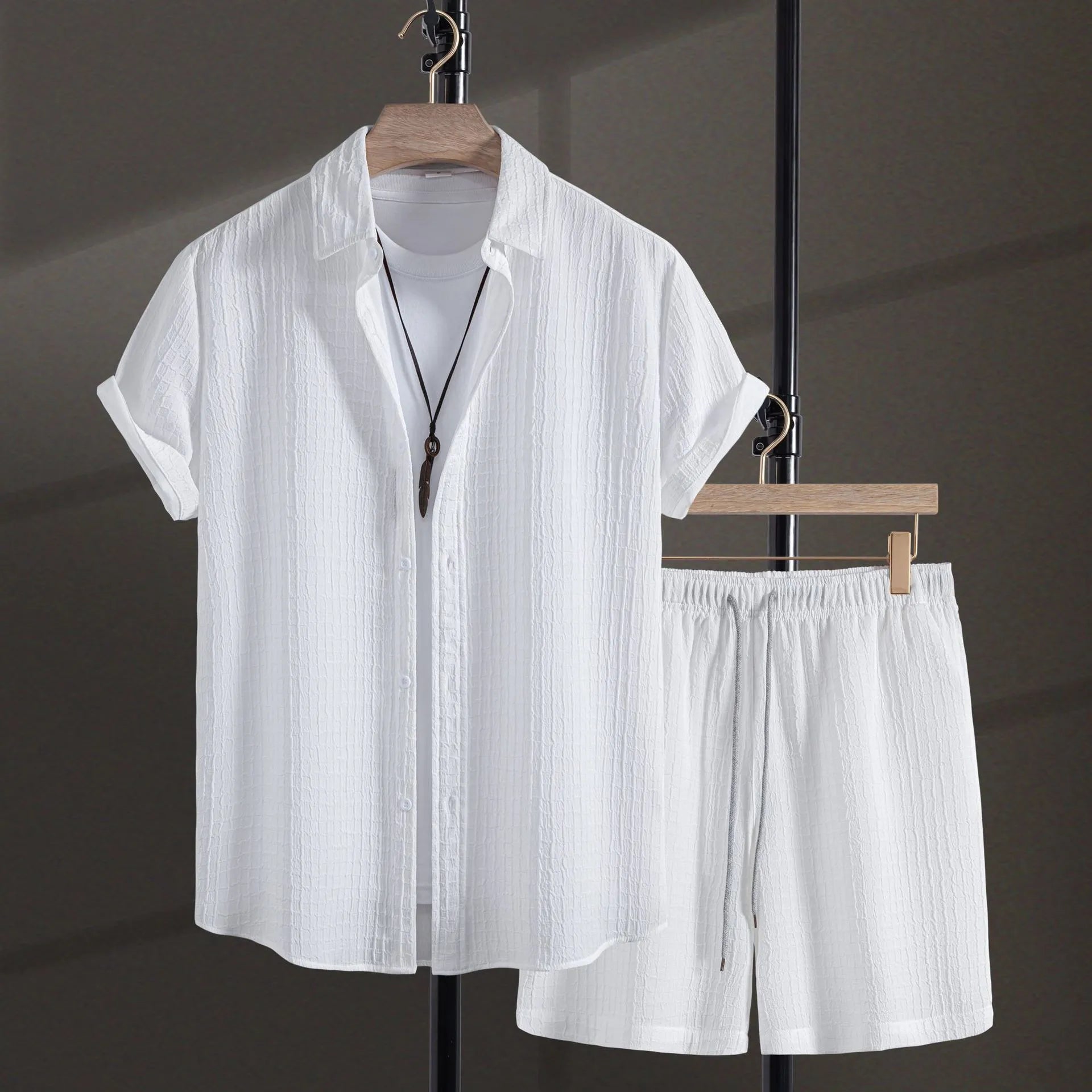 Men's casual cotton blend jacquard short sleeve shirt and matching shorts set in black or white