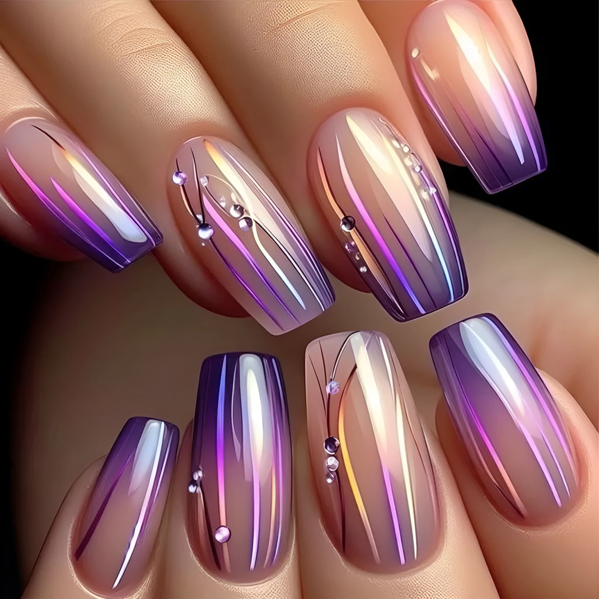 Magic purple gradient nail stickers with starry sky pattern, shown on short nails.