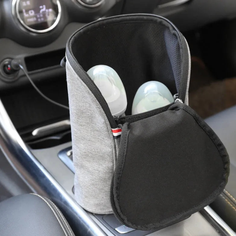 Grey Oxford cloth portable baby bottle warmer with car charger and temperature display