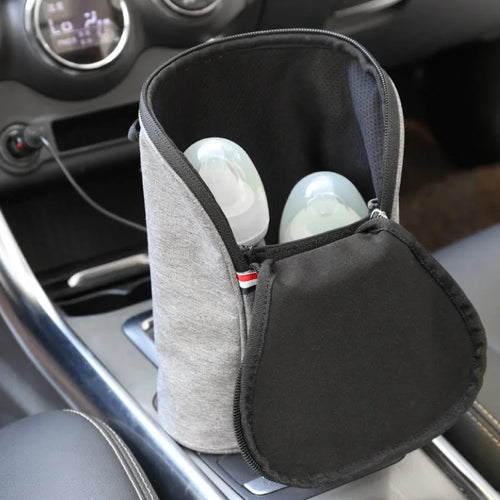 Grey Oxford cloth portable baby bottle warmer with car charger and temperature display