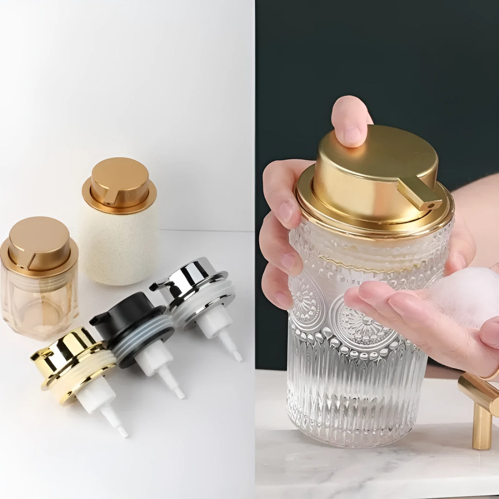 Metallic facial cleanser foam pump replacement head with push-style dispenser mechanism