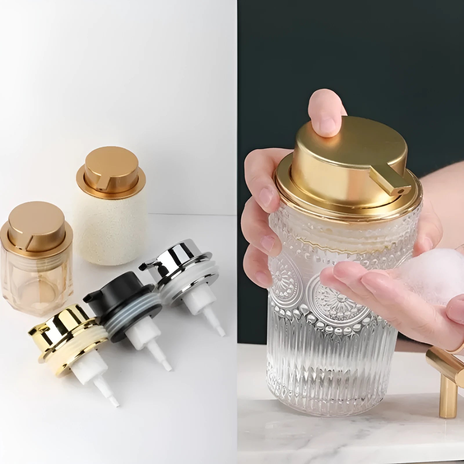 Metallic facial cleanser foam pump replacement head with push-style dispenser mechanism
