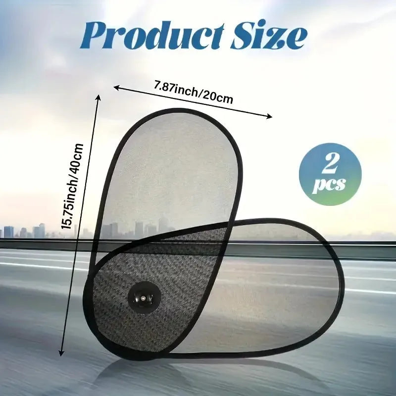 Black stretchy car side window shade installed with suction cups to protect baby from sun.