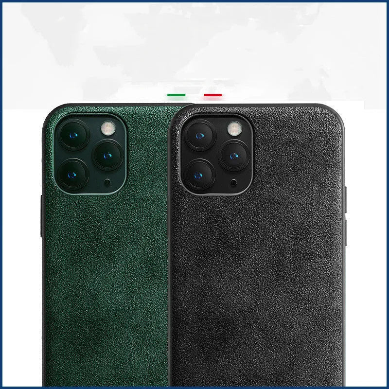 Suede back cover phone case for iPhone in elegant black, dark night green and dark blue.